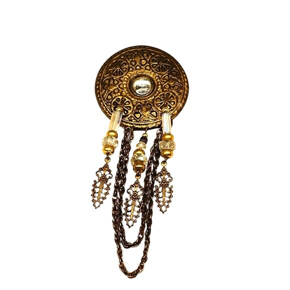 Vintage Ornate Brass Brooch With Chain & Bead Dangles - Picture 2 of 7